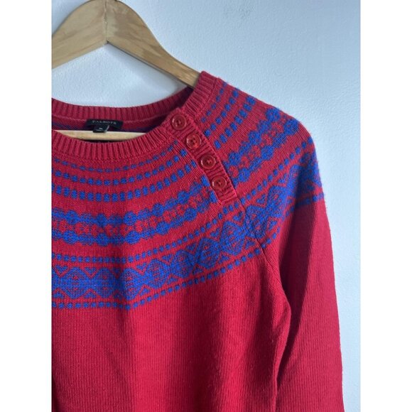 Talbots Sweater Womens Medium Red Blue Fair Isle Pullover Lambswool Blend Knit - Picture 7 of 11